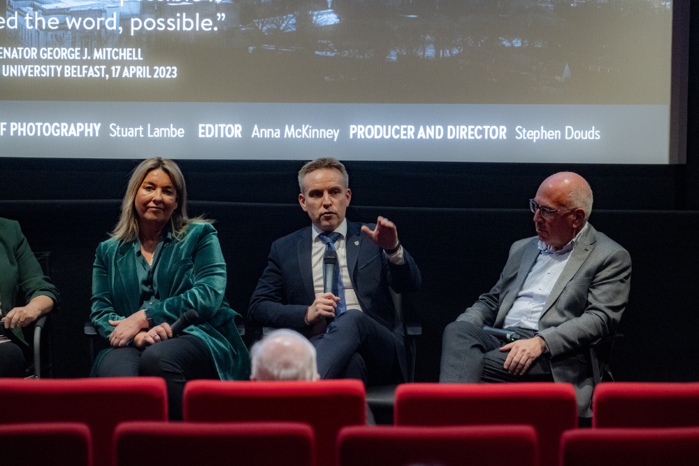 discussion panel participants at the screening of 'Delivering the Impossible: Agreement Twenty Five' in QFT, 5 December 2023