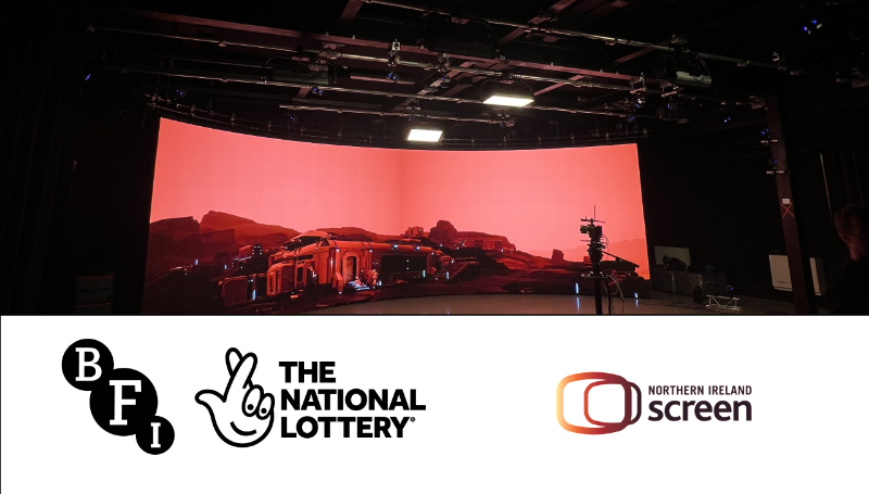 Shows an LED volume screen, with a banner displaying BFI, the National Lottery & NI Screen logos
