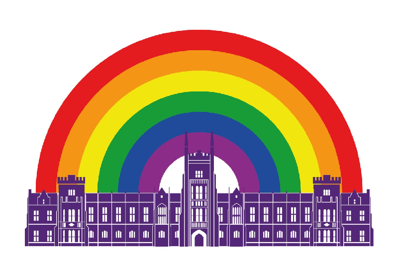 Logo of PRISM - LGBT+ Staff Network at QUB, illustration of rainbow over Lanyon Building 