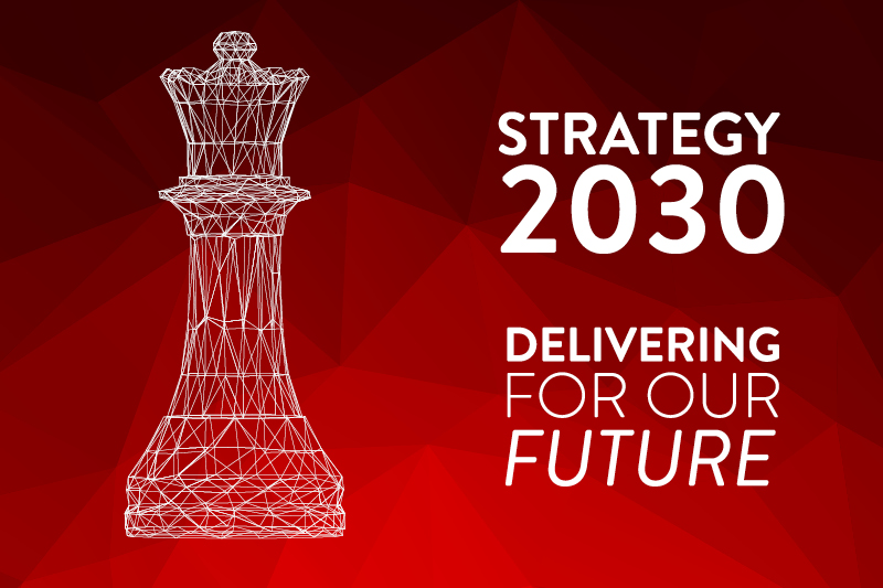 Red background with chess piece and text that reads: Strategy 2-30: Delivering for our future