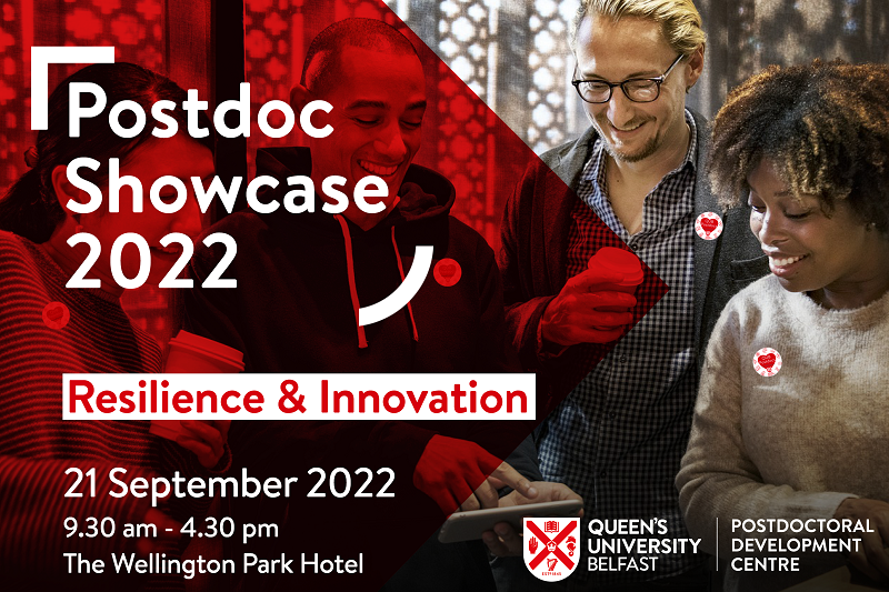 group of four postdocs advertising the Postdoc Showcase 2022 theme of Resilience and Innovation