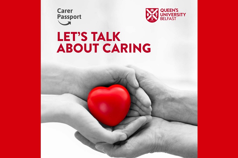 older person's hands holding younger person's hands holding heart-shaped stress ball. Promo graphic for Carer Passport - Let's Talk About Caring.