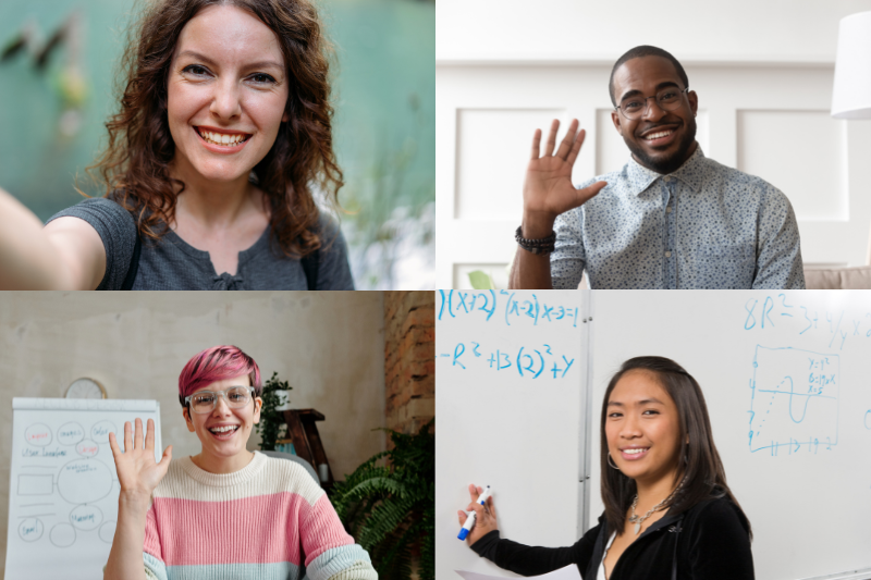 collage of four young academics or trainers smiling and waving to camera
