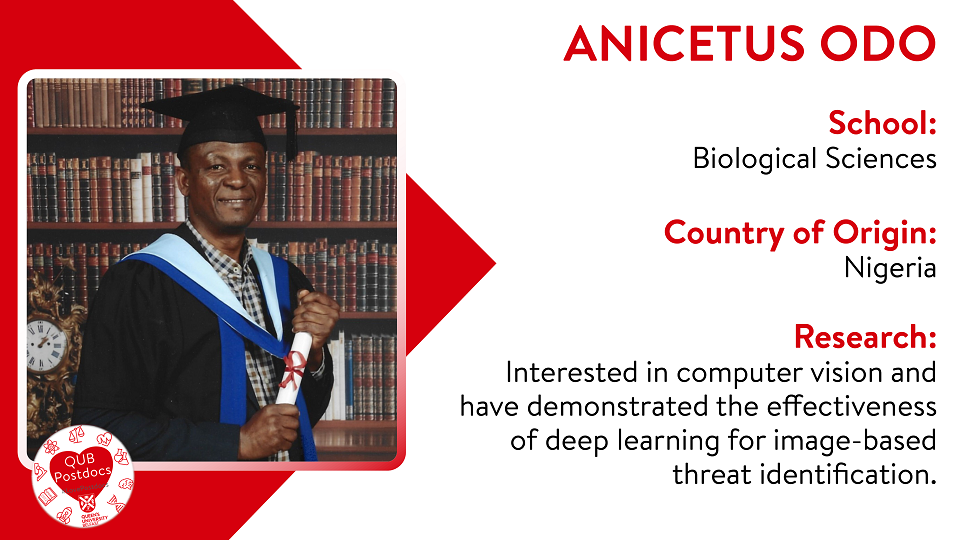 Anicetus Odo. School of Biological Sciences. From: Nigeria. Research: Anicetus is currently interested in computer vision and has demonstrated the effectiveness of deep learning for image-based threat identification. He has two recent publications.