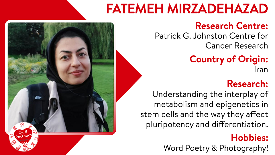Fatemeh Mirzadehazad. PGJCCR. From Iran. Fatemeh's research is focused on understanding the interplay of metabolism and epigenetics in stem cells and the way they affect pluripotency and differentiation. Hobbies: Word poetry and photography.