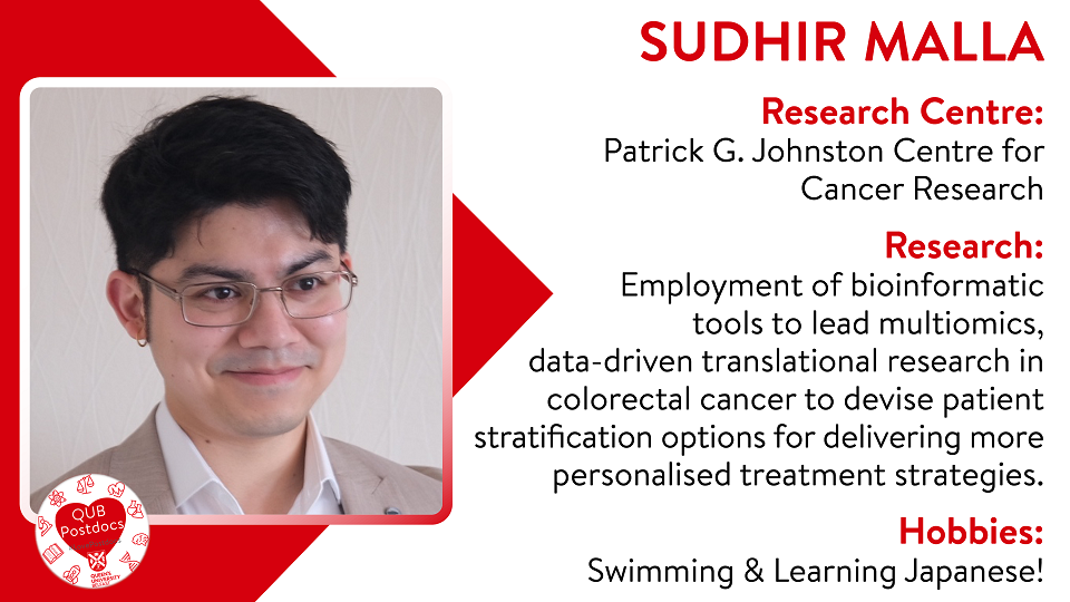 Sudhir Malla. PGJCCR. Research: Sudhir's lab employs bioinformatic tools to lead multiomics, data-driven translational research in colorectal cancer to devise patient stratification options for delivering more personalised treatment strategies. Hobbies: Swimming and learning Japanese.