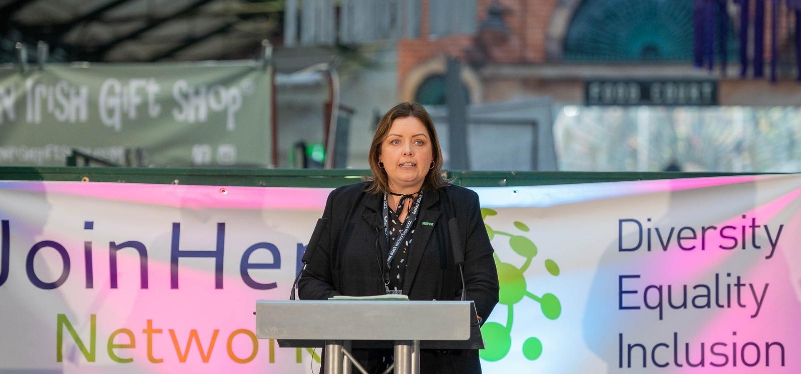 Minister for Communities Deirdre Hargey opening the Black History Month expo, St George's Market