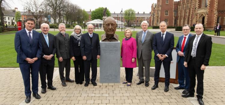 George Mitchell and Heather MacLachlan with key figures in the Belfast/Good Friday Agreement and politicians at the unveiling of the Mitchell bust, April 2023