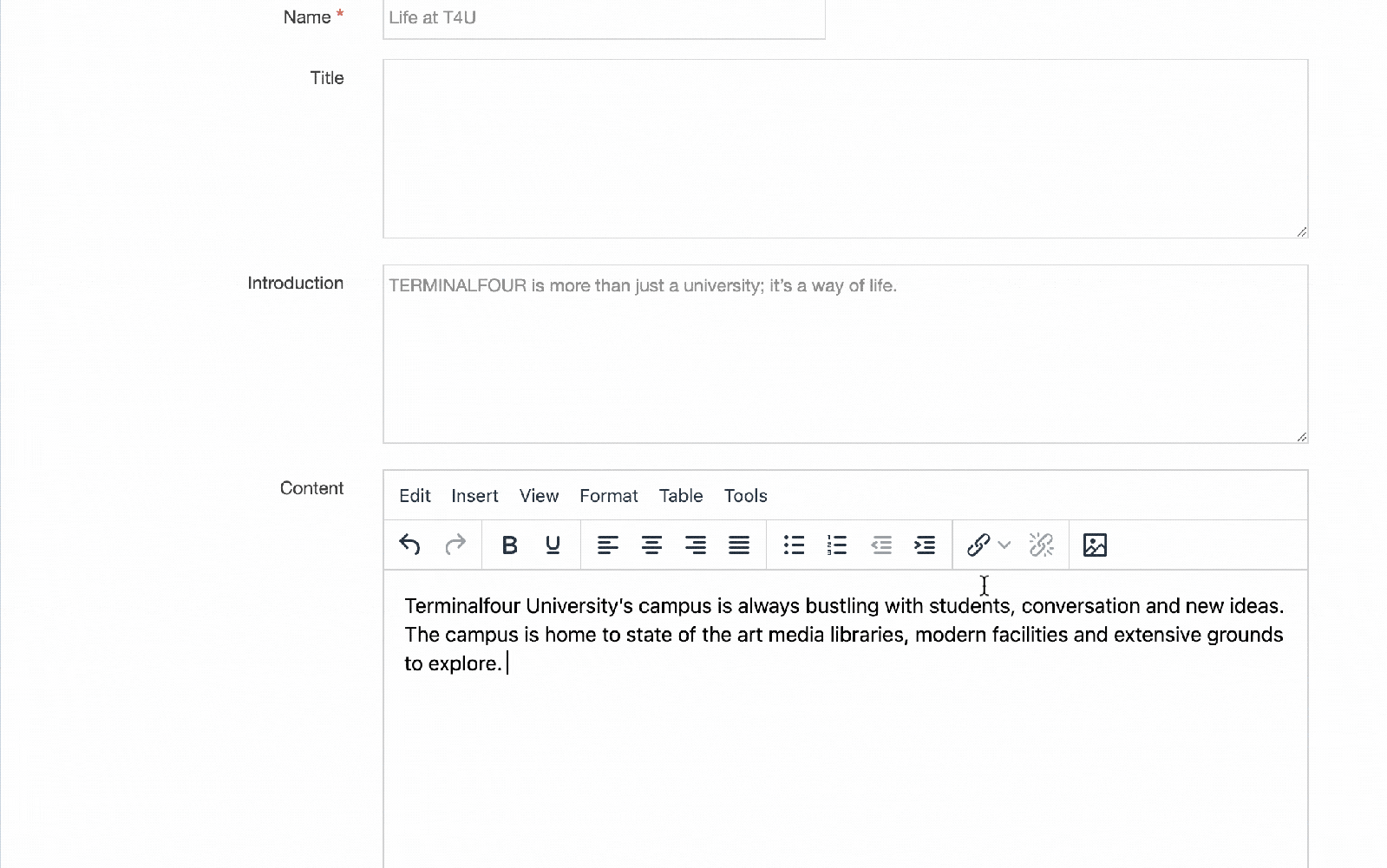 A demo of the new Insert Internal Links Section Filter in Terminalfour Release 8.3.15