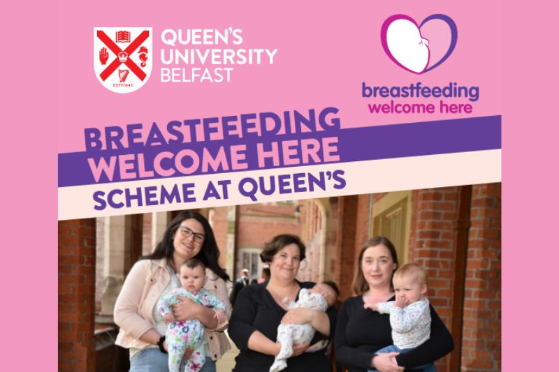 Breastfeeding Welcome Here scheme at Queen's. Image shows three members of Queen's community holding their babies in the Lanyon cloisters.