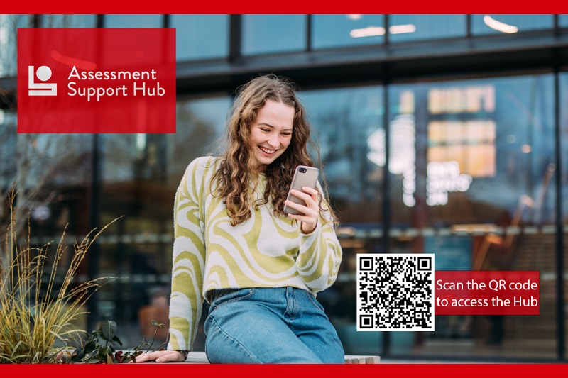 promo graphic for Assessment Support Hub showing smiling young woman looking at phone