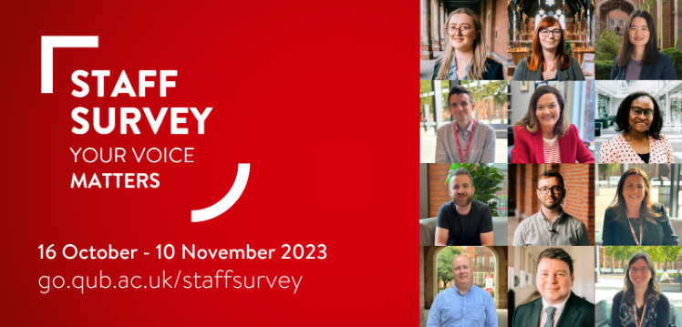 A collage of photographs of various staff with text saying Staff Survey 2023
