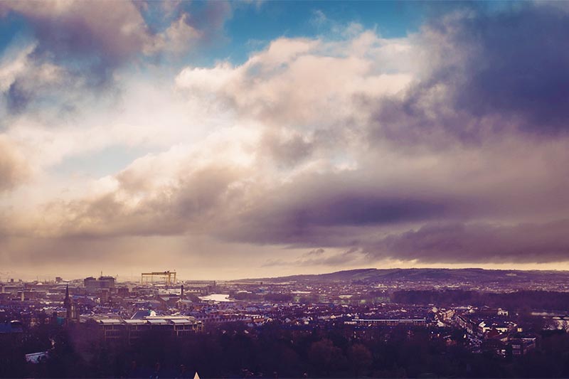 Belfast skyline from top of Ashby building, including Harland and Wolff Cranes
