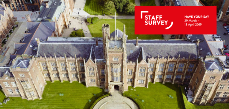 Lanyon Building drone view with Staff Survey logo in upper right corner
