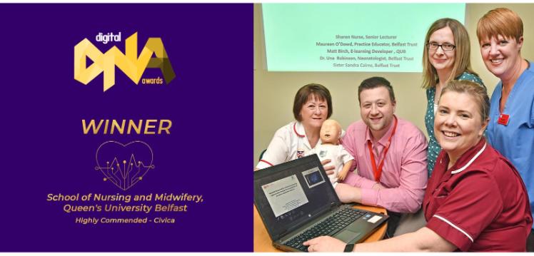 Winners of the Digital DNA Awards 2020 'Tech for Good' Innovation prize Sharon Nurse and Matt Birch (Queen's School of Nursing and Midwifery) and Belfast Trust collaborators pictured with their interactive, multi-modal neonatal training package