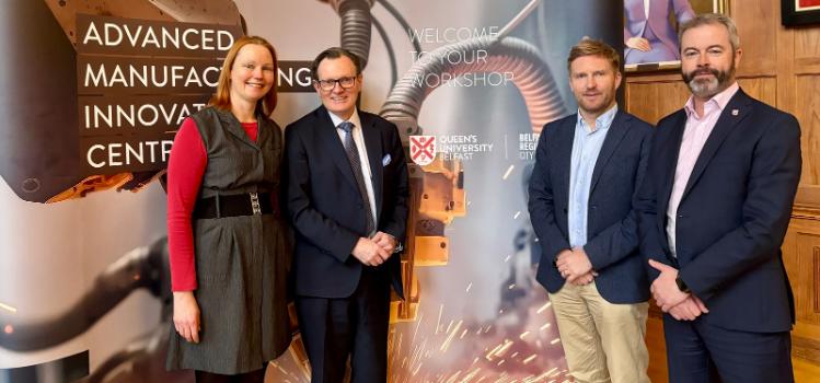 pictured left to right in the Great Hall: Kara Bailie (Queen's Belfast Region City Deal), Professor Sir Ian Greer, Sam Turner (AMIC CEO), David Quinn (Queen's Belfast Region City Deal)
