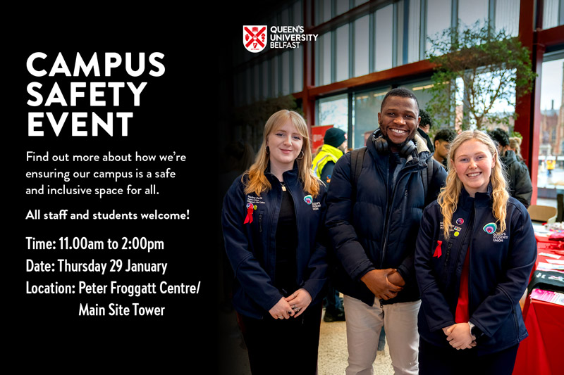 text outlining a campus safety event beside a photo of two young blond-haired women and a black man smiling to camera at an indoor event