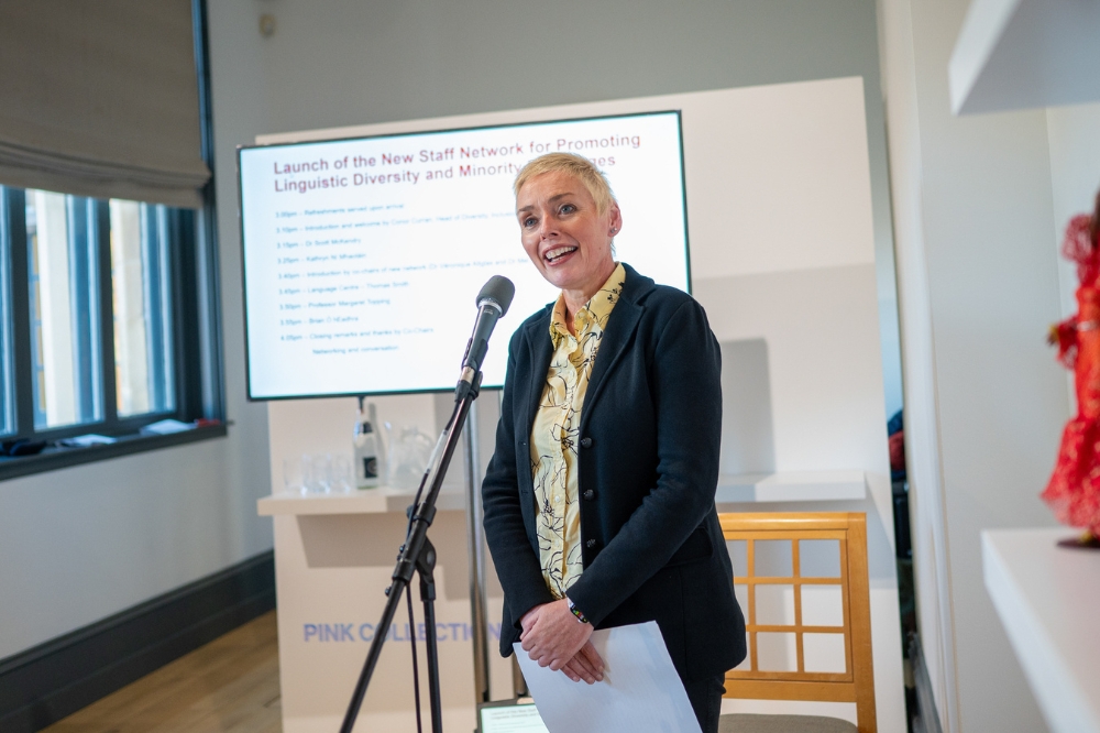 Professor Margaret Topping, Pro-Vice-Chancellor for Internationalisation, speaking at the launch of Queen's new Staff Network for Promoting Linguistic Diversity and Minority Languages, in the Naughton Gallery