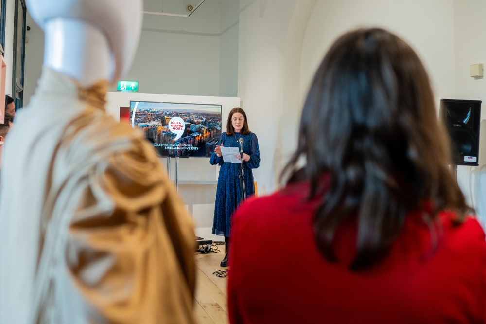 Co-Chair of Queen's new Staff Network for Promoting Linguistic Diversity and Minority Languages, speaking at the launch event in the Naughton Gallery