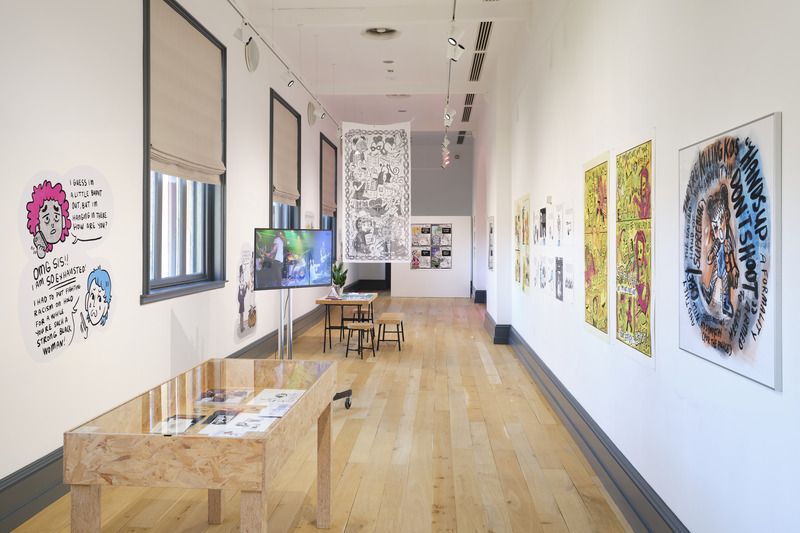 Long gallery view of artworks by Bianca Xunise being exhibited in the Naughton Gallery's exhibition 'Joyful Resistance', 2024