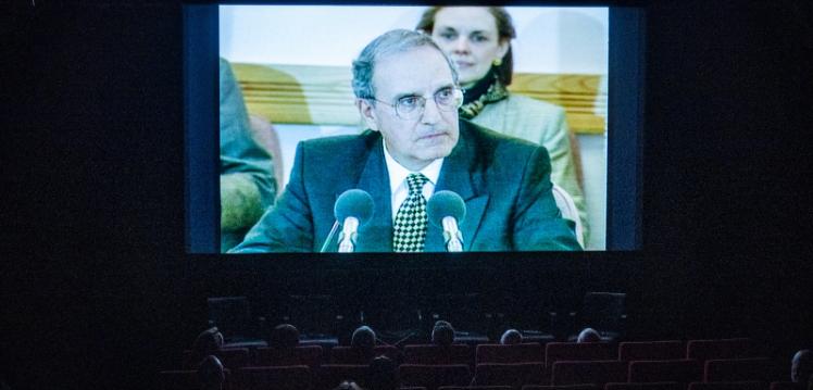 still of Senator George Mitchell from documentary 'Delivering the Impossible: Agreement 25', being shown to staff, students and guests in the QFT