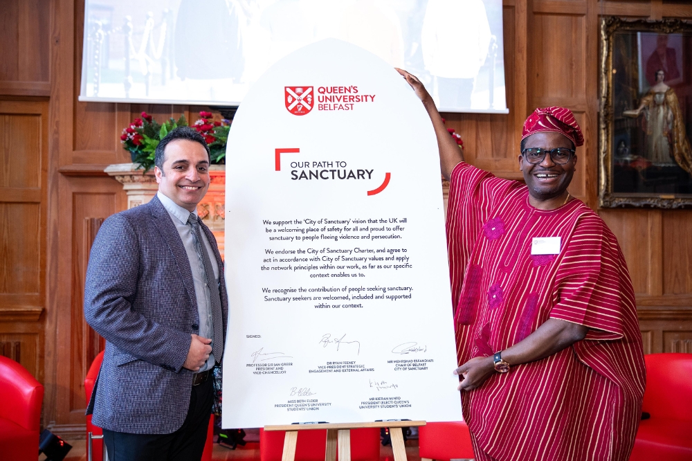 Plaque unveiling at the Civic Mission / University of Sanctuary launch event, Queen's University Belfast, May 2024