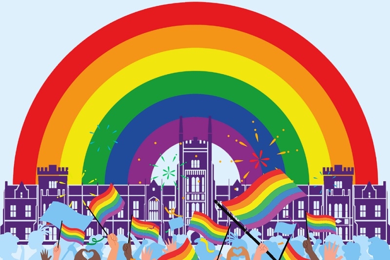 : Illustration of Queen’s University Belfast in the background, with a large rainbow arch overhead symbolising LGBTQ+ Pride.