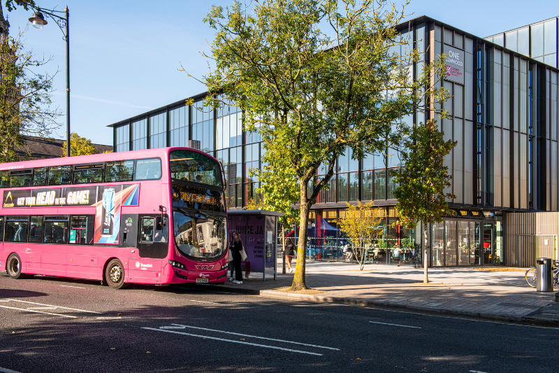 a pink double-decker bus parked outside a modern-looking glass-paneled building on a bright day with blue skies