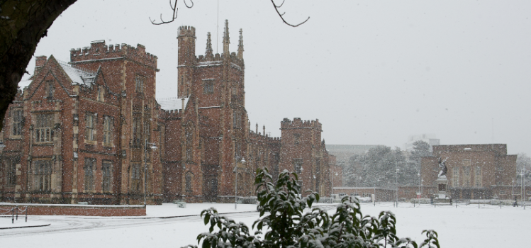 Queen's University Belfast Lanyon Building in the snow