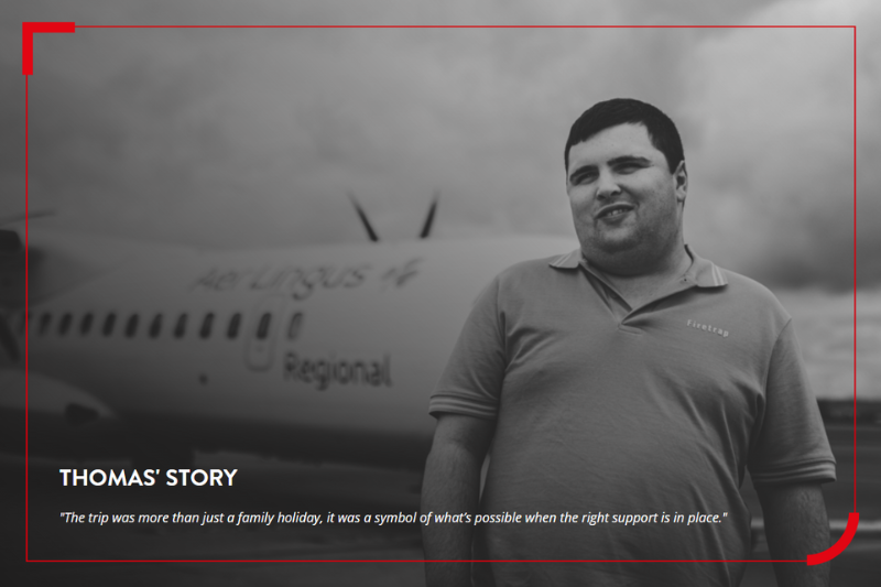 Black and white photo of a young man pictured in front of an aeroplane. Heading text overlaid on the image reads 'Thomas's story'.