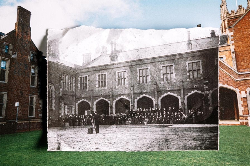 black and white historical photo of a photographer taking a large group photograph in a cloistered area digitally superimposed onto the same space decades later in full colour