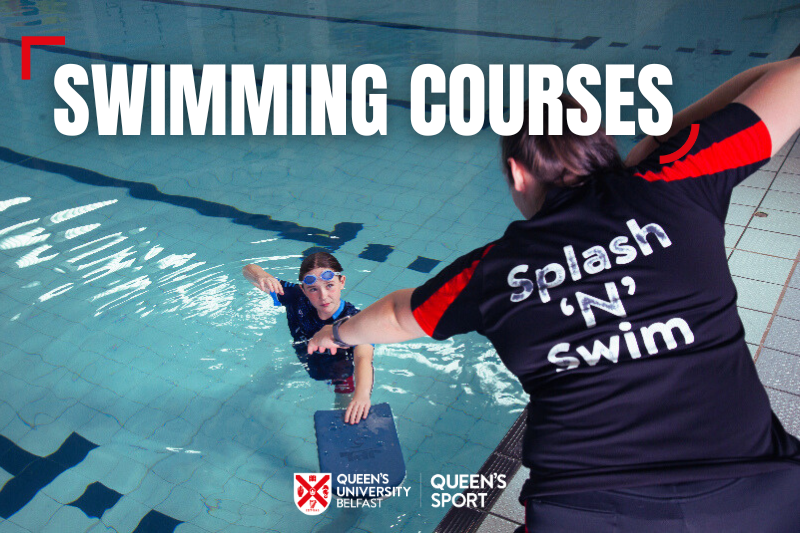 a swimming instructor, with Splash n Swim written on the back of her t-shirt, talking with and teaching a girl in an indoor pool. Text over the image reads Swimming Courses