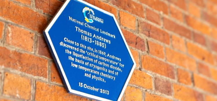 Royal Society of Chemistry National Chemistry Landmark blue plaque commemorating Thomas Andrews (1813-1885), installed on the Lanyon North Building (inner facade) on 15 October 2013