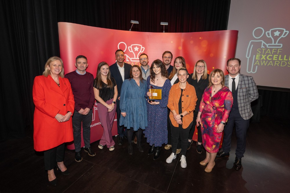 Queen’s Accommodation Residential Life Team receiving their 'Commitment to Sustainability' award at the Staff Excellence Awards 2022-23