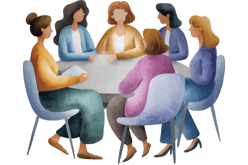 graphic showing six women seated at a round table in a small group chat
